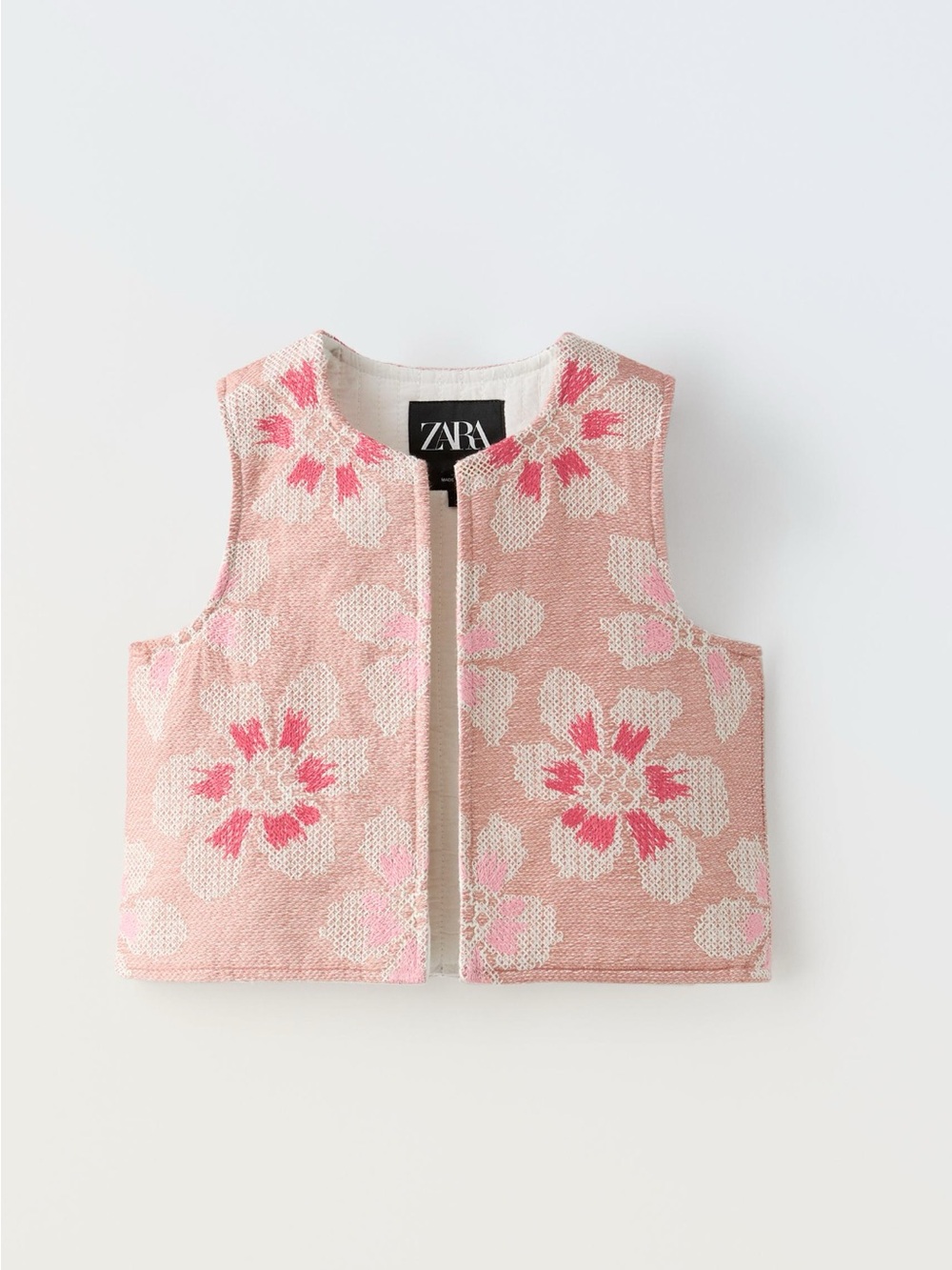ZARA Pink and Cream Floral Jacquard Cropped Vest